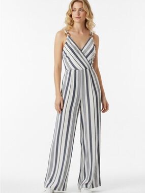 AEO jumpsuit wide legs flare blue white striped light Bohemian smock back XS